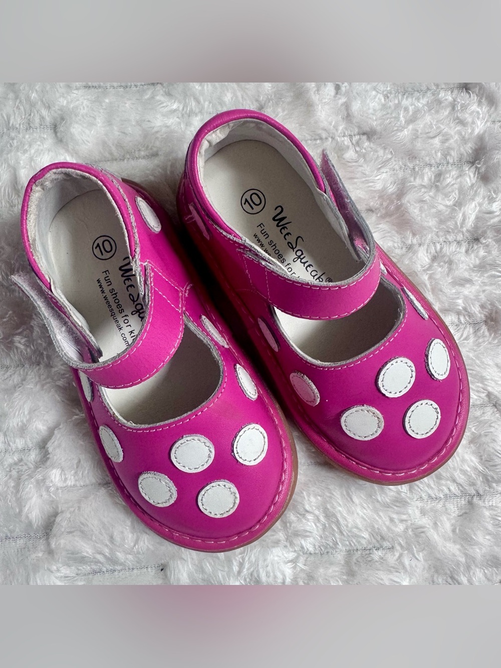 Wee Squeak Pink Girls' Mary Jane Shoes White polka dots, Squeekers work Sz 10.